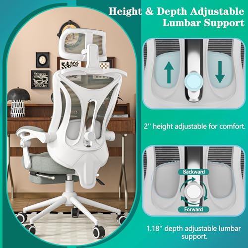 Ergonomic Office Chair - Adjustable Lumbar & Headrest, 90-160° Reclining with Footrest, Breathable Mesh Back - Home Office/Gaming Computer Chair (Black, 300lbs Capacity)