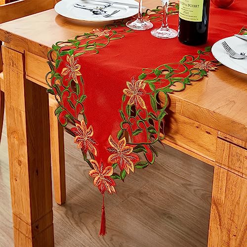 AMARED Christmas Embroidered Table Runners Cutwork Green Leaves Holiday Table Linens for Christmas Decorations 15x87 Inch