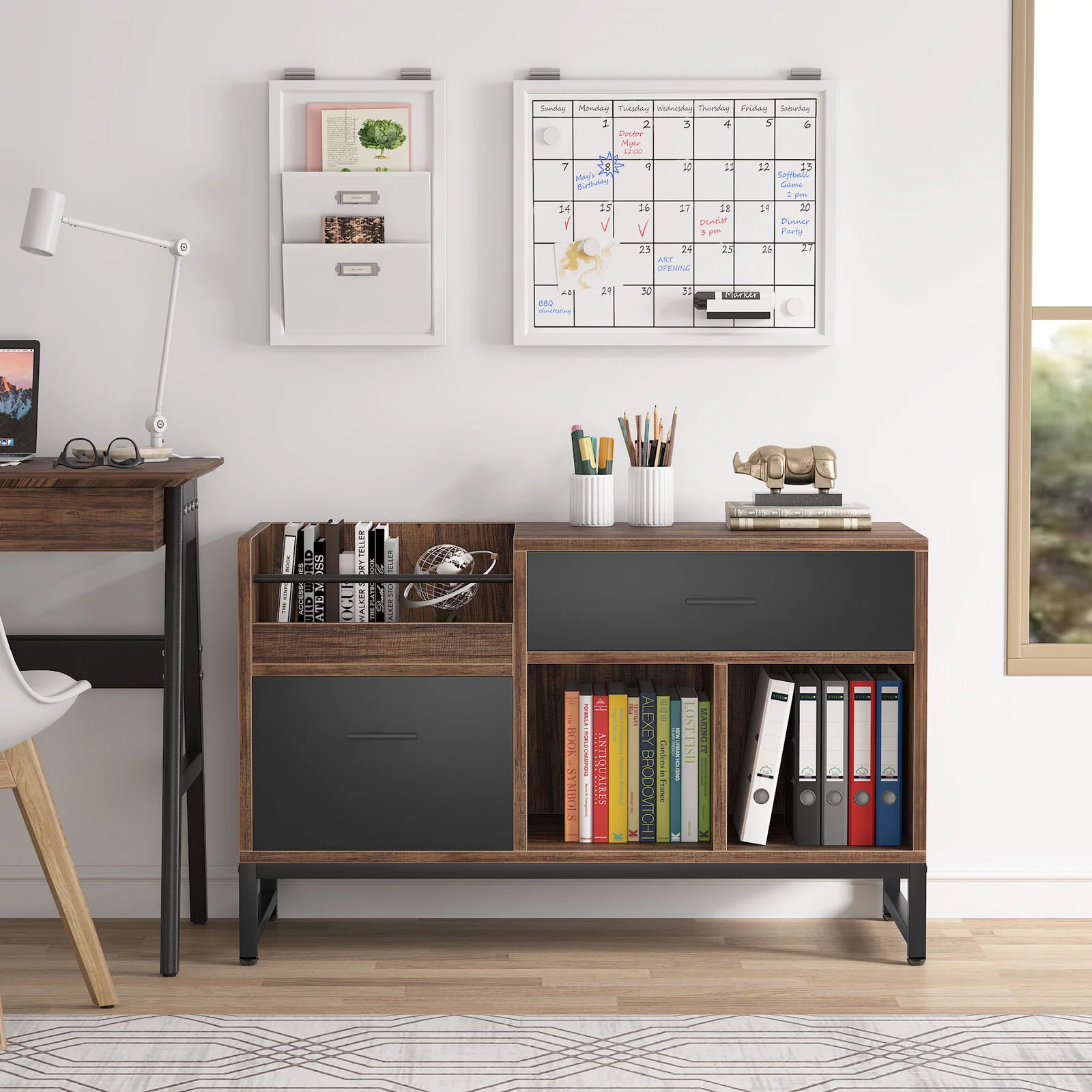 2 Drawers Lateral File Cabinet Rustic Wood Printer Stand with Open Storage Shelves