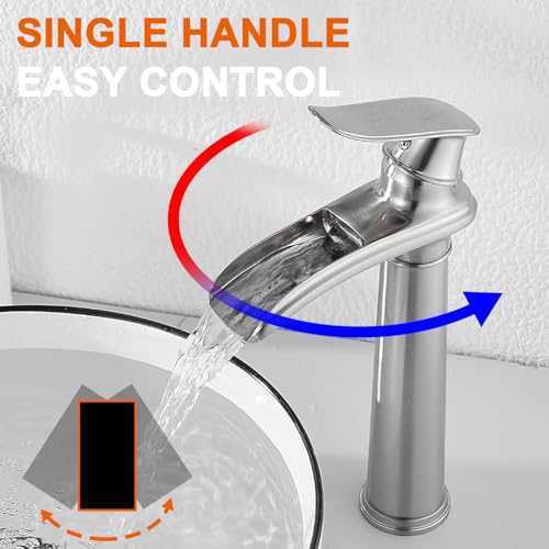 Bathroom Vessel Sink Faucet, Waterfall Oil Rubbed Bronze Bathroom Faucet, Vessel Faucet, Tall Body 1 Hole Single Handle with Pop Up Drain Combo Vanity Mixer Tap Basin Bowl Sink