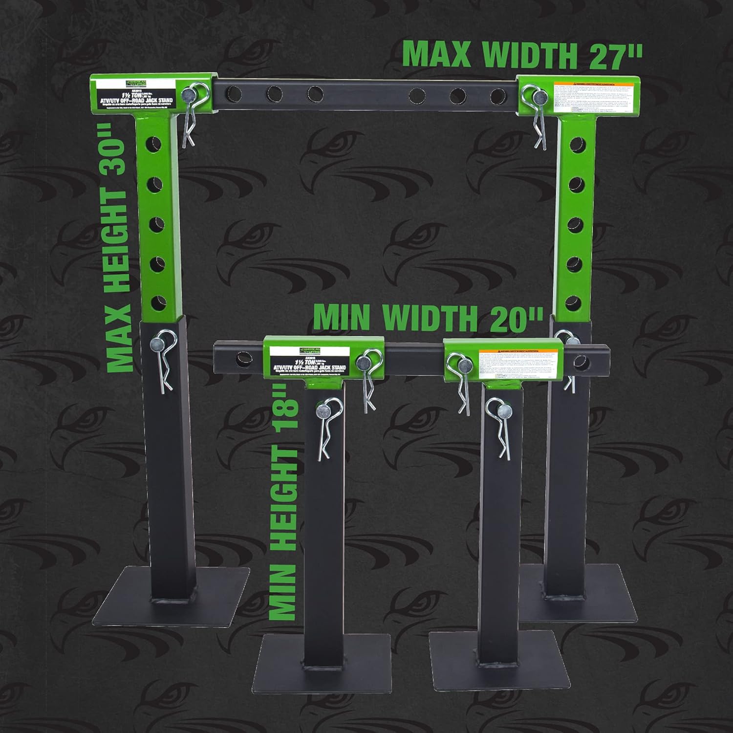 American Lifting ATV UTV Jack Stands - 1.5 Ton (3000 Lbs) Safety Pin Style Off-Road Stand with Rack Bar Saddle – Ideal for Shop Garage, Green / Black