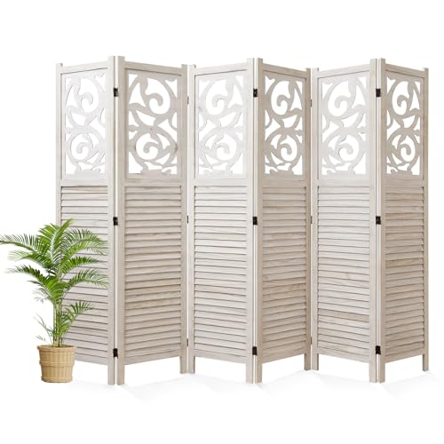 Folding Room Divider, 5.6Ft 4 Panels Wood Carved Privacy Screens, Free Assembled Freestanding Portable Reversible Functional Decorative Partition for Home Office Restaurant Bedroom (Wood)
