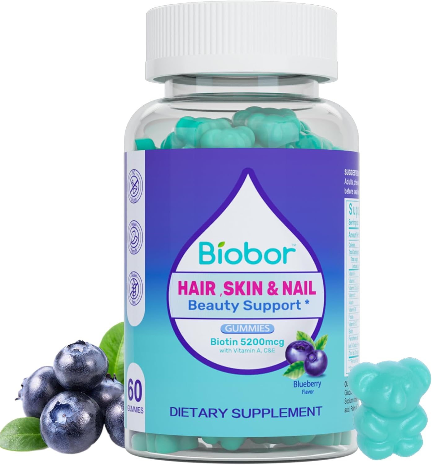 Hair Skin and Nails Vitamins Gummies,5200 mcg Biotin Vegan Chewable Supplement Supports Healthy Hair, Skin and Nails for Women Men with Vitamins A C D E (Blueberry,60 Count)