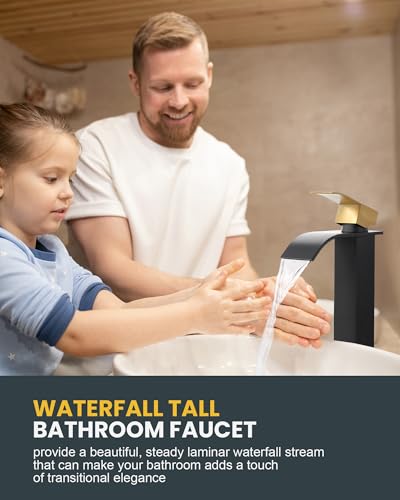 Vessel Sink Faucet Black and Gold: ARCORA Single Hole Tall Waterfall Bathroom Faucet, Single Handle Lavatory Vanity Tap with Pop Up Drain and cUPC Supply Lines