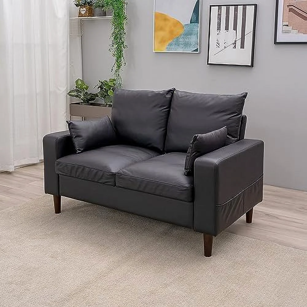 NLIBOOMLife 54.5" Small Loveseat Couch Sofa  Fabric Upholstered 2-Seat Sofa  Love Seat  with Wood Leg for Small Space  Living Room  Apartment (Black Faux Leather  Rolled Arm-2 Seater)