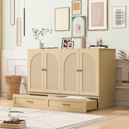 Merax Full Size Murphy Bed Cabinet with Charging Station and Large Storage Drawer, Foldable Pull Out Murphy Chest Bed for Apartments, Bedrooms, Studio, No Spring Box Needed, Gold