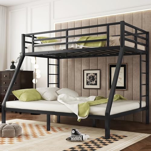 Heavy Duty Bunk Bed Frame with Ladder, Twin XL Over Twin XL Bunk Beds with Safety Guardrails, Adults Bunk Beds with Noise-Reducing Rubber Stoppers, Easy Assemble, Black