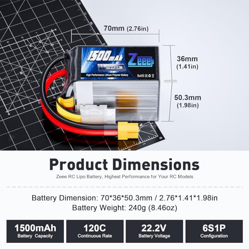 Zeee 6S 1500mAh Lipo Battery 22.2V 120C with XT60 Plug RC Graphene Battery for FPV Drone Quadcopter Helicopter Airplane RC Boat Car Racing Models(2 Pack)