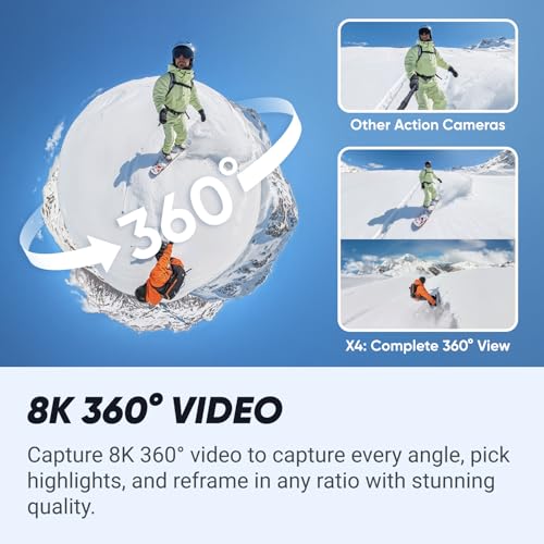 Insta360 X4 Standard Bundle - Waterproof 8K 360 Action Camera, 4K Wide-Angle Video, Invisible Selfie Stick Effect, Removable Lens Guards, 135 Min Battery Life, AI Editing, Stabilization
