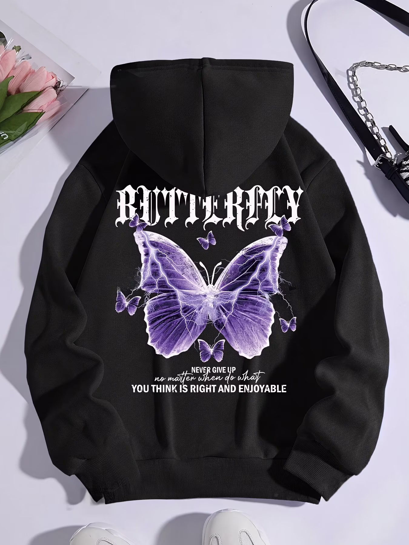 Women's Black Butterfly & Slogan Print Thermal-Lined Hoodie - Motivational "Never Give Up" Graphic, Kangaroo Pocket, Drawstring Hood, Casual Streetwear, Machine Washable, Butterfly Hoodie