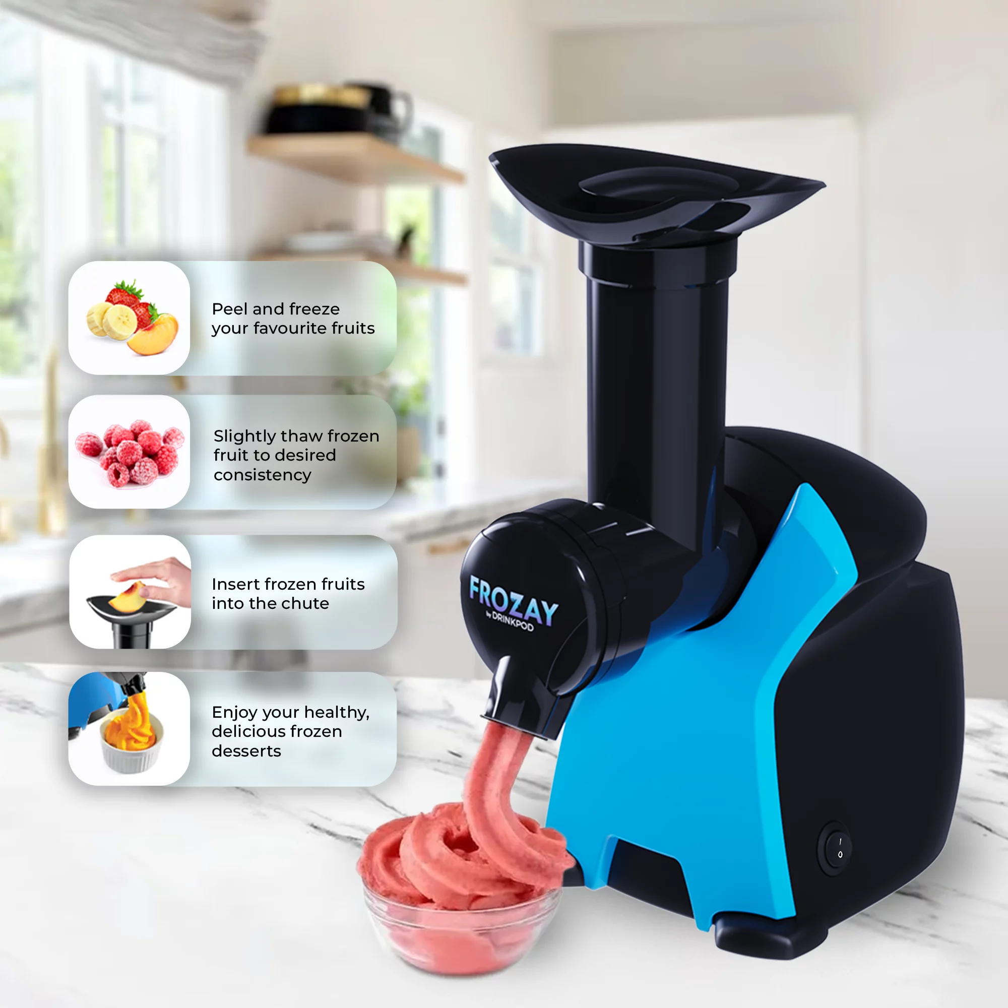 Drinkpod Frozay: The Ultimate Healthy Frozen Fruit Ice Cream & Dessert Maker - Dairy-Free, Vegan Ice Cream, Soft Serve Frozen Yogurt, Fruit Sorbet, and Sherbet Machine with Simple One Push Operation