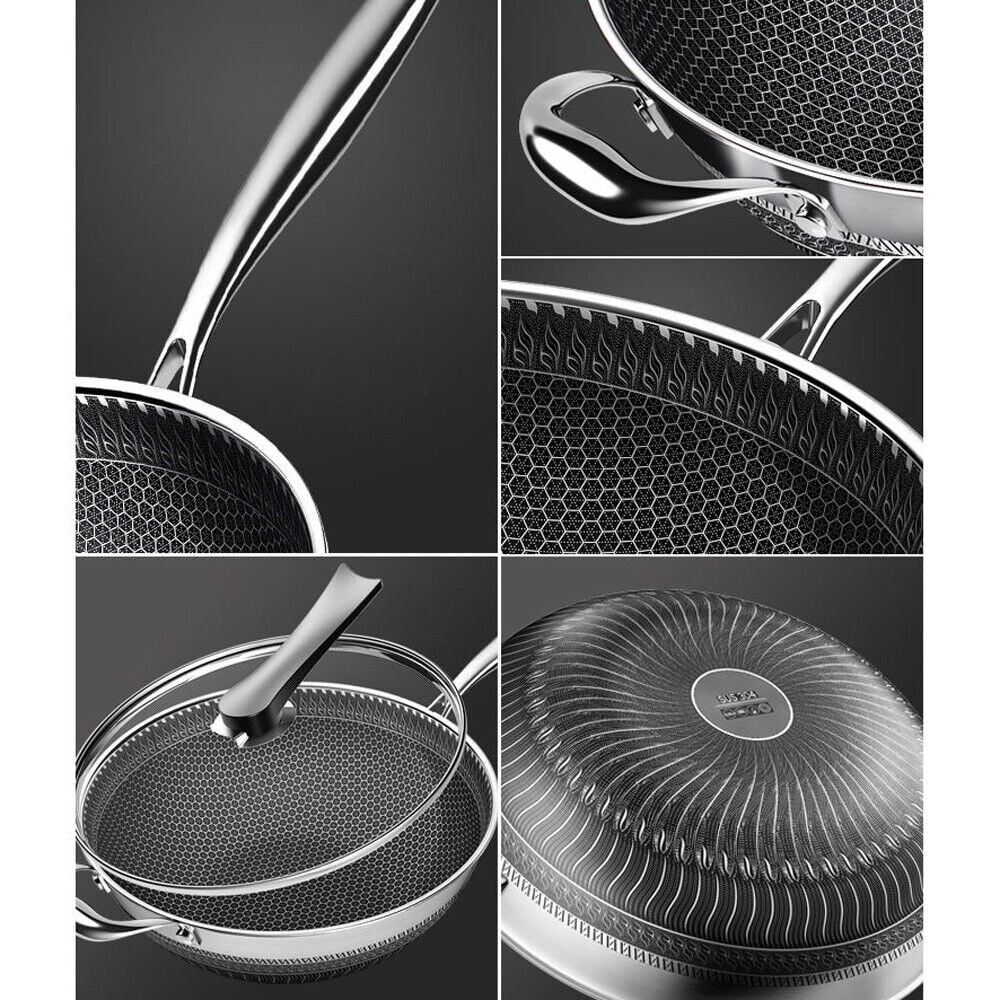 DENEST Double Sided Honeycomb Non-stick Cooker Frying Pan Stainless Wok w/ Glass Lid
