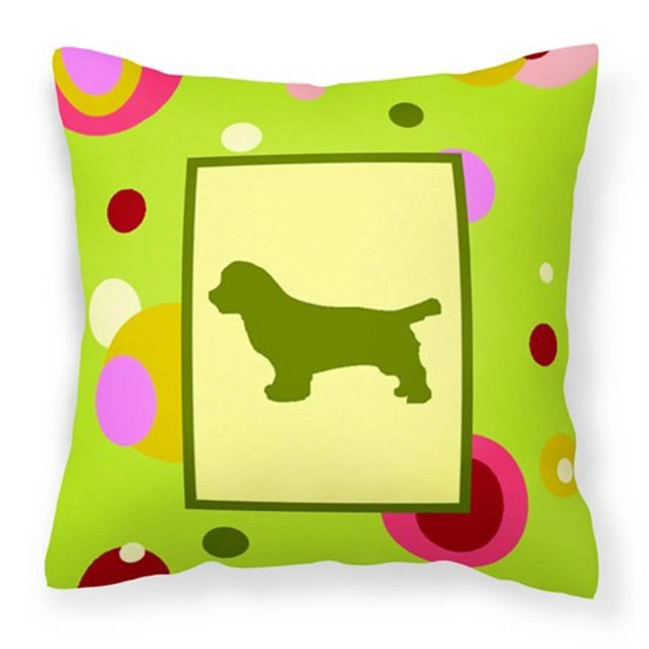 Lime Green Dots Sussex Spaniel Fabric Decorative Pillow - 14 x 3 x 14 in.