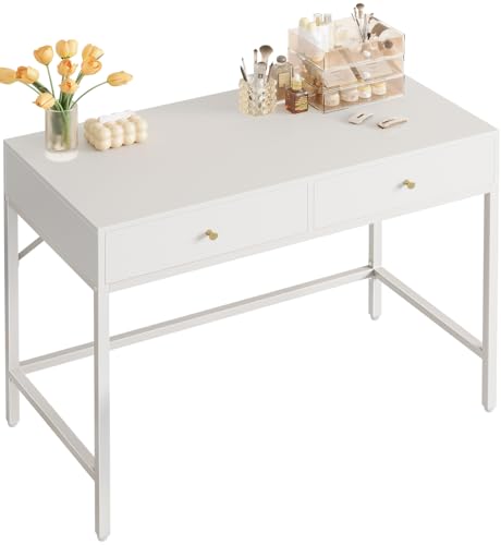 SUPERJARE Vanity Desk with Drawers, 47 inch Computer Desk, Modern Simple Home Office Desks, Makeup Dressing Table for Bedroom - White and Gold