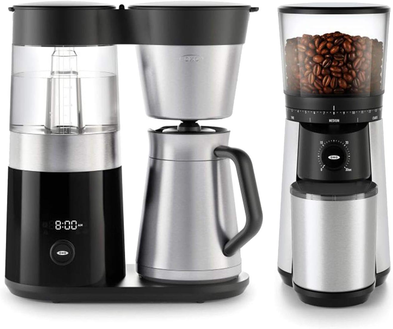 OXO BREW 9 Cup Programmable Coffee Maker Bundle BREW Conical Burr One Push Start Coffee Grinder - Stainless Steel/Black
