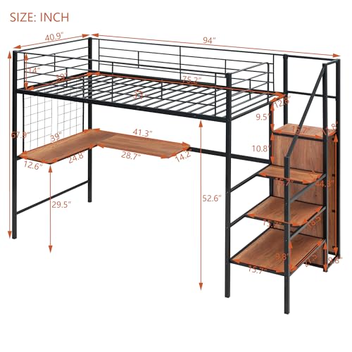 Twin Size Loft Bed with Wardrobe,Metal Bed with L-Shape Desk and Lateral Storage Ladder, Modern Loft Bed Frame with High Guardrail and Metal Grid for Adults, No Box Spring Needed (Black, Twin)