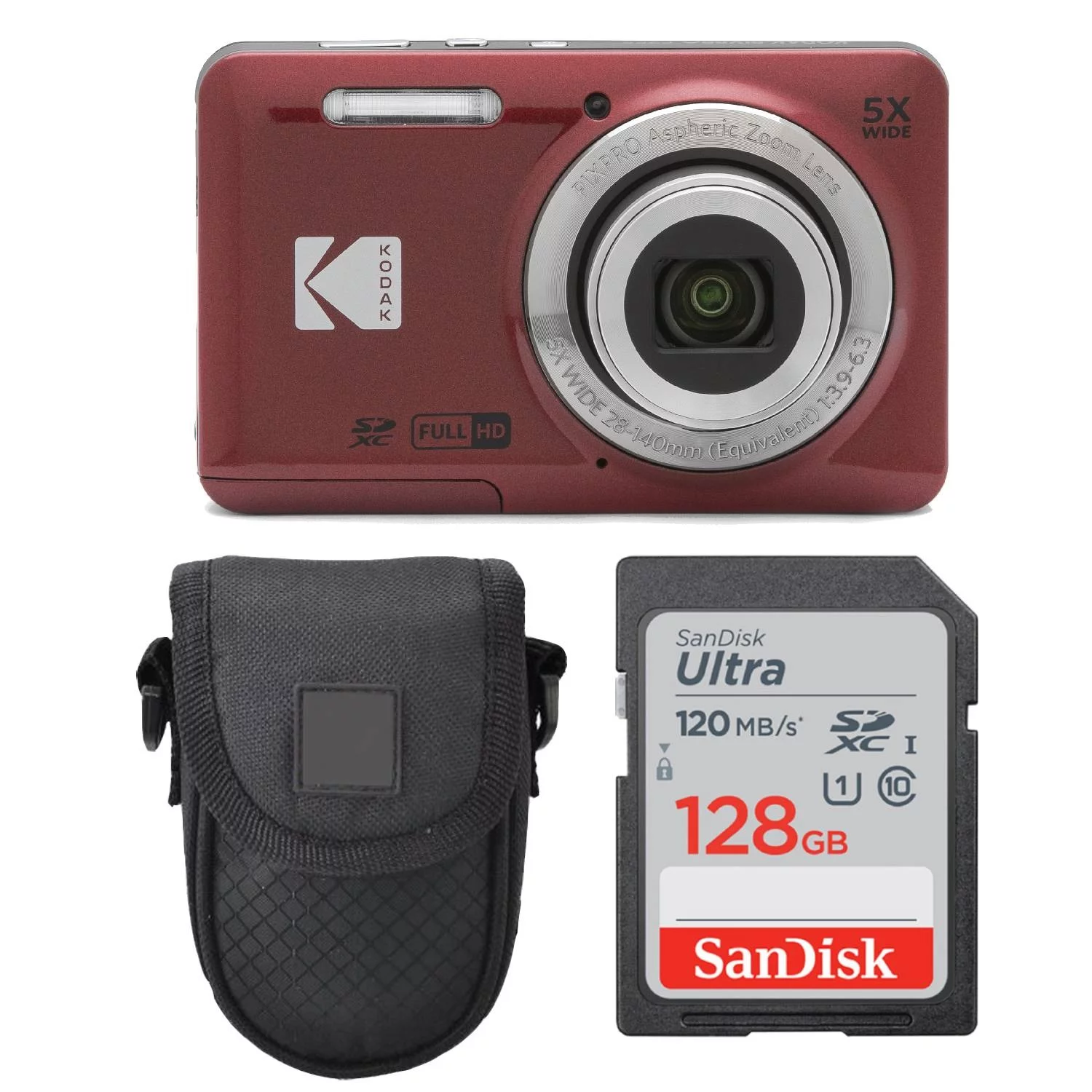 Kodak PIXPRO FZ55 Digital Camera (Red) + SanDisk 128GB Ultra UHS-I SDXC Memory Card + Black Point & Shoot Case