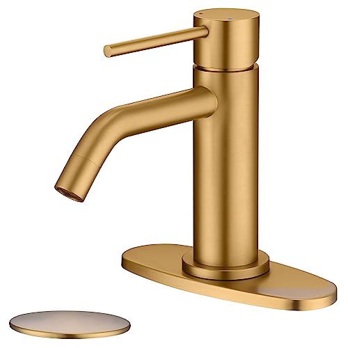 Brushed Gold Vessel Sink Faucet with Pop Up Drain and Supply Lines, Stainless Steel Gold Vanity Faucet Single Hole, JXMMP Single Handle Bathroom Faucet Gold, JXM1001BG