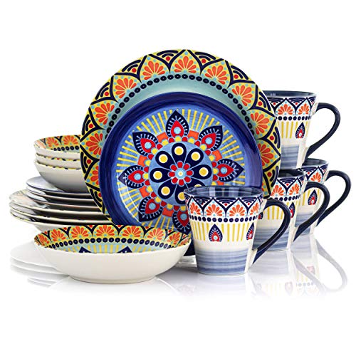 Elama Multicolored Round Stoneware Mandala Pattern Dinnerware Set, 16 Piece, Green