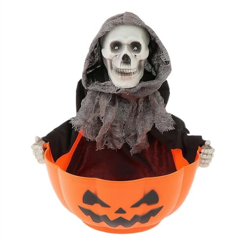 Halloween Candy Bowl, Halloween Animated Skeleton Candy Dish with Motion Activated, Screaming Skull Candy Holder, Screaming Witch Holder with Light up Red Eyes and Creepy Sound Scary