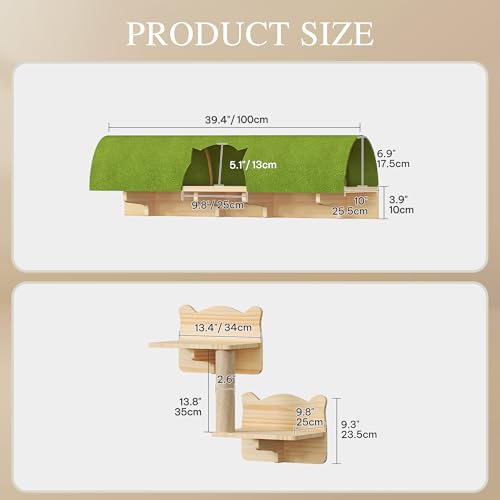 Cat Wall Shelves and Perches, Solid Wood Wall Mounted Cat Furniture, Set of 13 Cat Climbing Shelves with Moon Hammock, House, Wall Ladder, Scratching Post and Cat Tunnel