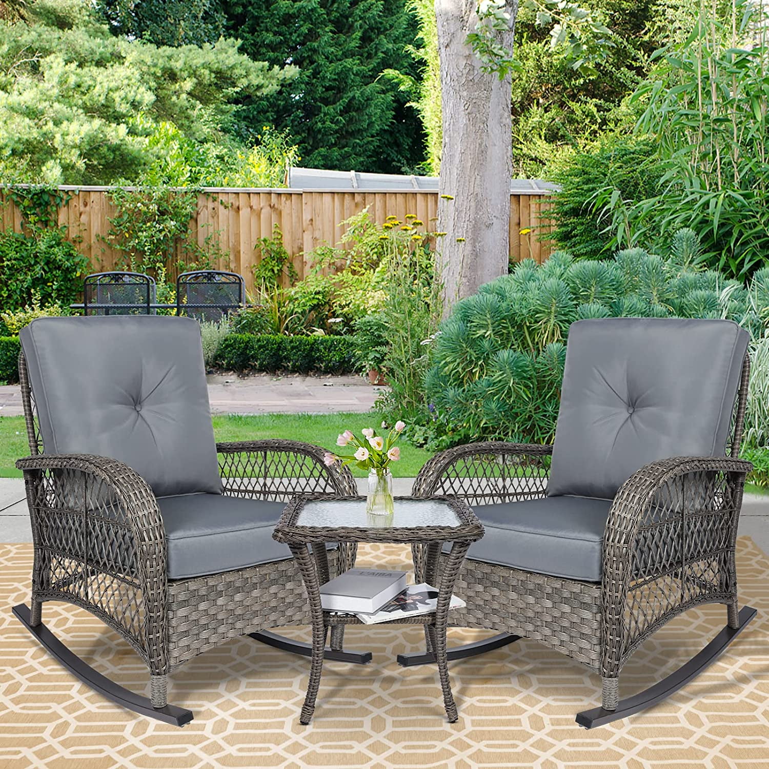 W WARMHOL 3 Pieces Outdoor Patio Bistro Rocking Chair Set, Rattan Patio Rocker Chairs Set with Cushions and Glass-Top Coffee Table, Conversation Bistro Set for Porch & Backyard - Gray