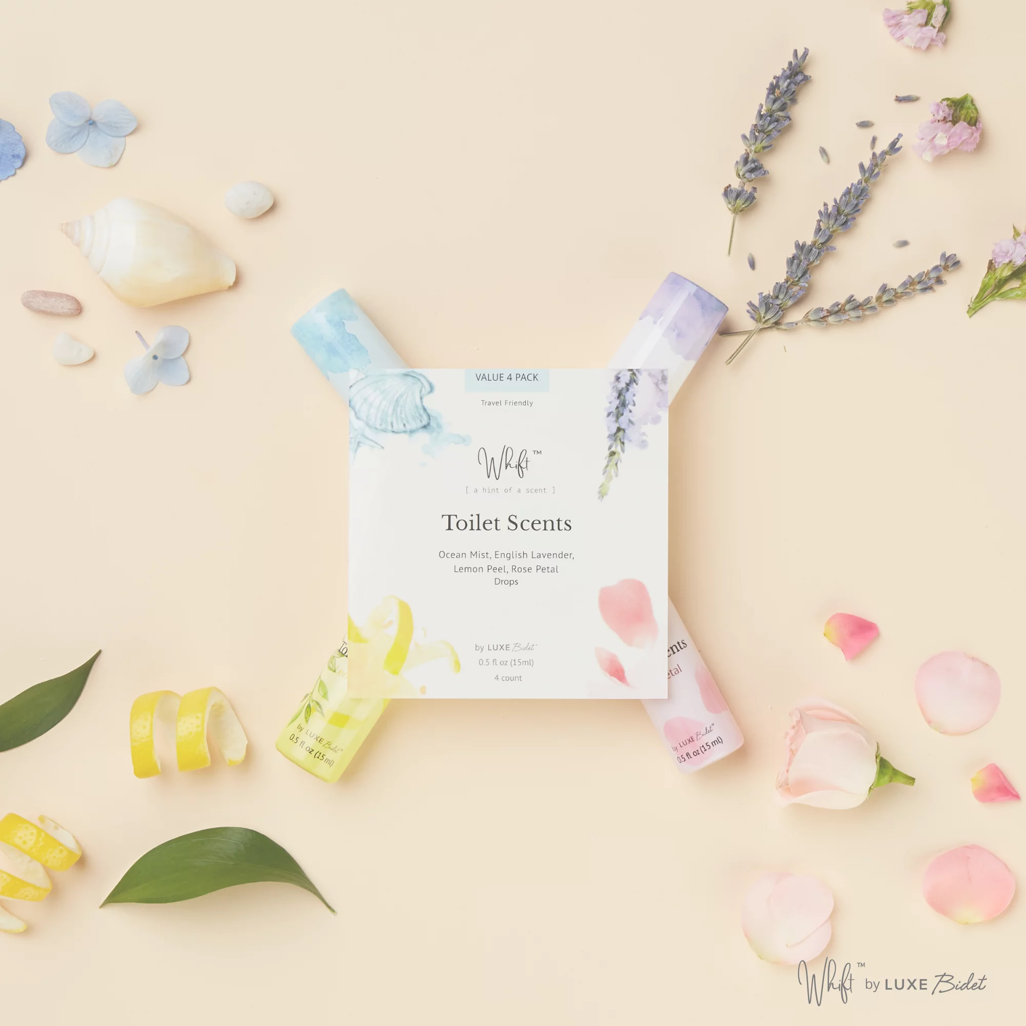Whift Toilet Scents Drops by LUXE Bidet, Value 4-Pack (Rose Petal, Lemon Peel, English Lavender, Ocean Mist) 0.5 oz / 15 mL each