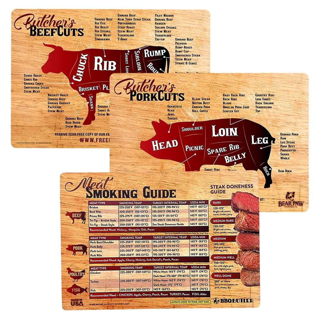 Bear Paw Products Meat Smoking Guide and Meat Cuts Magnet Pack - Grill and BBQ Reference Magnets