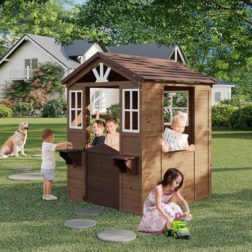 Cedar Wooden Kids Playhouse with Play Kitchen, Wooden Adventures Cottage for Backyard, Outdoor Toddler Playhouse for Kids with Vinyl Roof