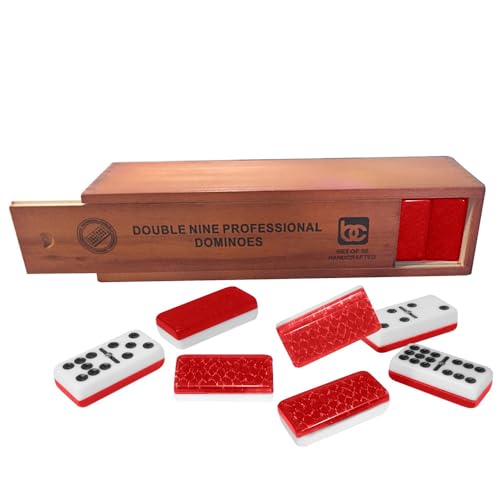 Bene Casa Red Double Nine High Gloss Dominoes Set - includes 55 Dominoes - Comes in a Natural Wooden Storage Box with Walnut Finish.