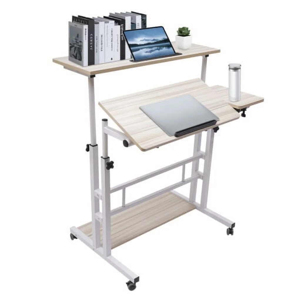 OUKANING Mobile Stand Up Desk Adjustable Laptop Desk Home Computer Table Office Table Laptop Cart With Wheels White