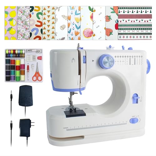 Sewing Machine for Beginners with 20 Pcs Fabric and 32 Pcs Sewing Threads Kit,Portable Sewing Machine with 12 Built-in Stitches,2 Speed(High-Low Speeds) - White Blue