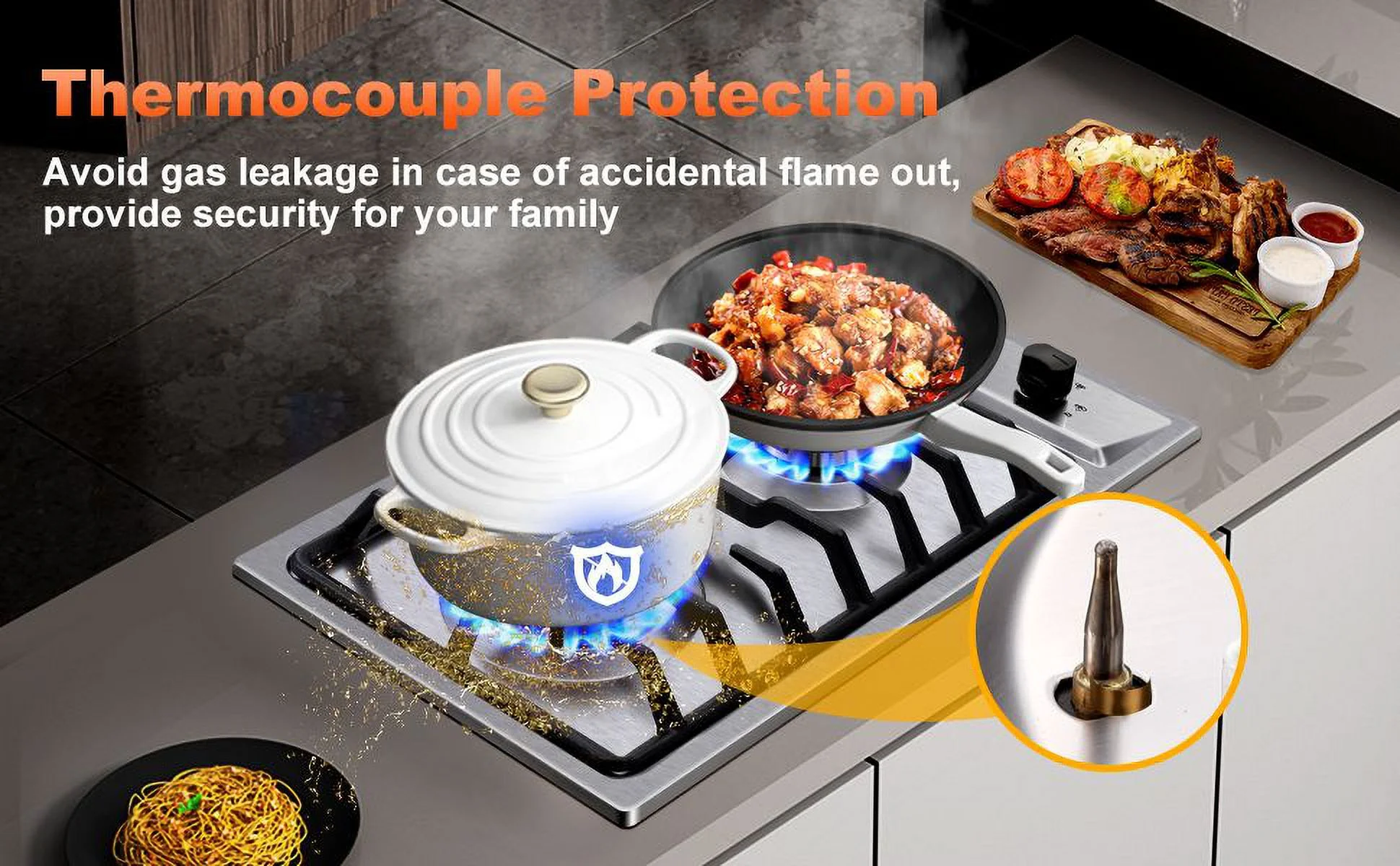 2-Burners Gas Cooktop 12 inch Stainless Steel Kitchen Gas Hob NG/LPG Convertible Built-In Integrated