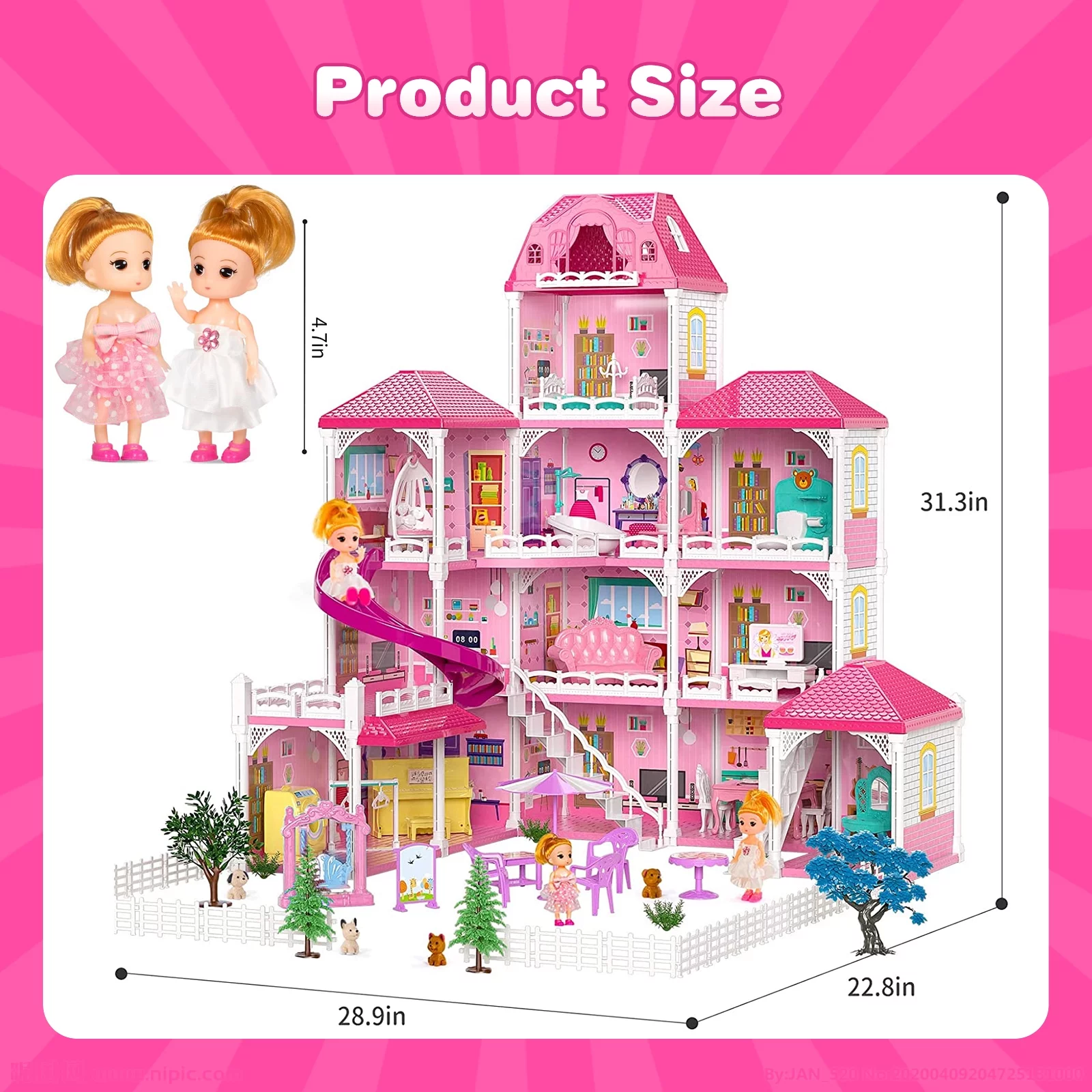 Beefunni Dollhouse for Girls,4 Stories 12 Rooms Dollhouse with 2 Princesses Slide Accessories,Toddler Playhouse Gift for for 3 -6 Year Old Girls Toys
