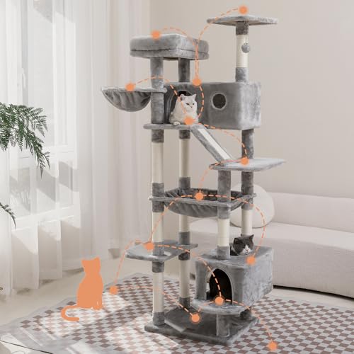 73 inches Large Cat Tree for Indoor Cats, Tall Cat Tower with Sisal Scratching Posts and Pads, Padded Plush Perch, Cozy Basket, Plush Condo for Large Cats, Beige