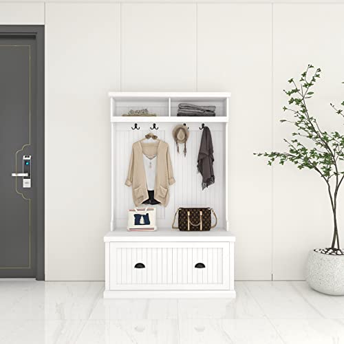 BNSPLY Hall Tree with Bench and Shoe Storage, 3 in 1 Entryway Bench with Coat Rack, Mudroom Bench with 4 Double Hooks, Entryway Furniture for Hallway (White, 40