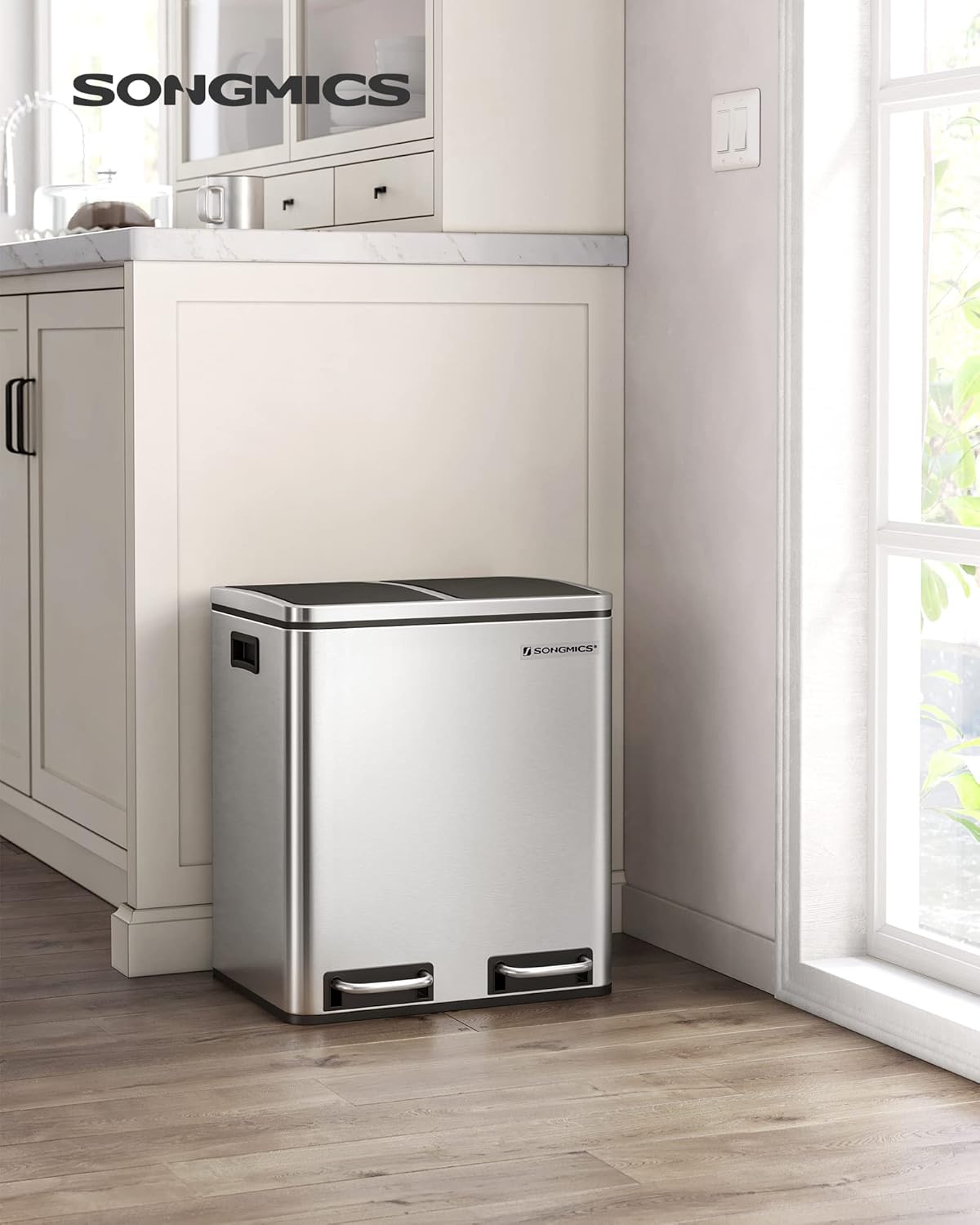 SONGMICS Dual Trash Can, 2 x 4 Gal (2 x 15L) Garbage Can, Steel Pedal Recycle Bin with Lid and Inner Buckets, for Small Kitchens, Fingerprint-Proof, Soft Closure, Airtight, Silver ULTB30H