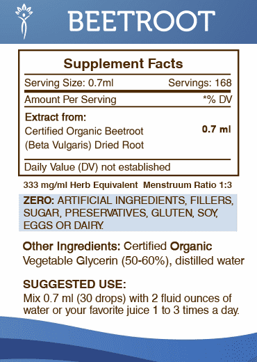 Beetroot Tincture Alcohol-FREE Extract, Organic Beetroot (Beta Vulgaris) Dried Root 2x4 fl oz