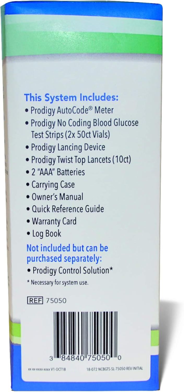 Prodigy Glucose Monitor Kit - Includes Prodigy Meter, 100ct test strips, 10ct Lancets, Lancing device, Carrying Case, Log Book