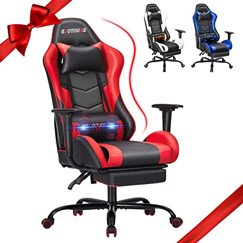 ECOTOUGE PC Massage Gaming Chair with Footrest Ergonomic Office Desk Chair Racing PU Leather Recliner Swivel Rocker with Headrest and Lumbar Pillow, Blue