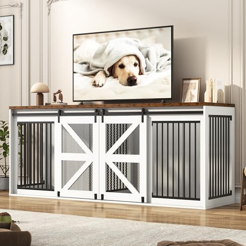 87In Farmhouse Dog Crate TV Stand, Wooden Dog Kennel Furniture with Sliding Metal Mesh Barn Door, Large Dog Crate Furniture for 2 Dogs, Solid Metal Tube & 2 Lockable Doors, Black
