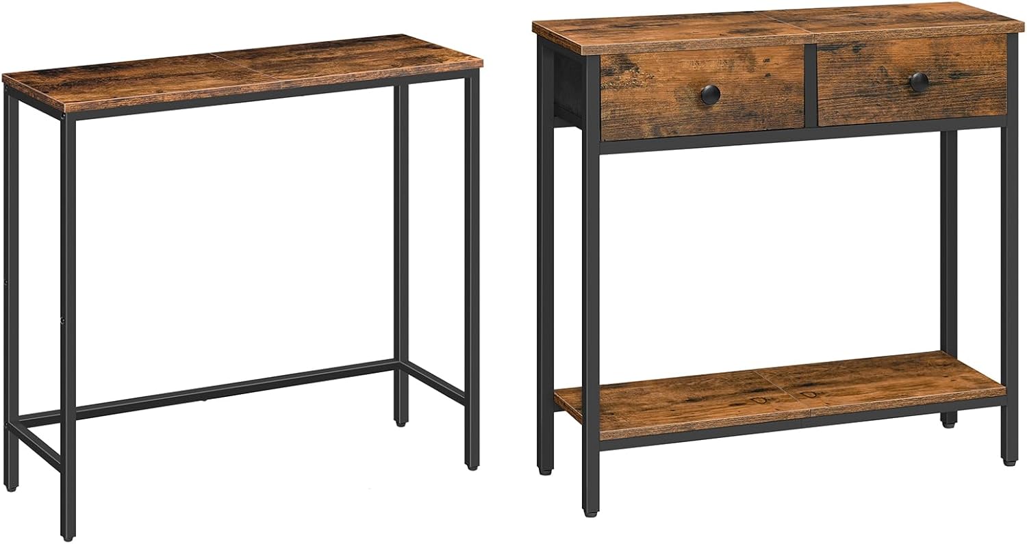 HOOBRO Narrow Console Table and Small Entryway Table with 2 Fabric Drawers, Thin Sofa Table, Side Table, for Hallway, Bedroom, Living Room, Foyer, Rustic Brown and Black BF75XG01-BF71XG01