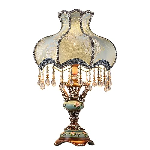 Tiffany European Table Lamps Victorian Desk Lamp American Retro Handmade Fabric Lampshade with Resin Lamp Body Bedside Nightlight Lamp for Bedroom Study Office Living Room