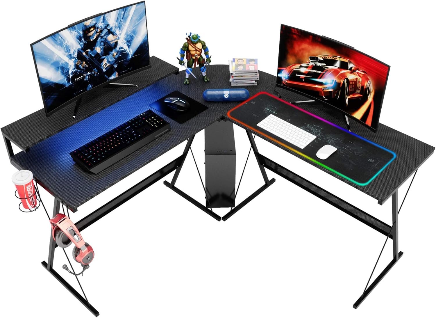 Bestier 55 inch L-Shaped RGB Gaming Computer Desk,Led Strip Light Modern Corner PC Laptop Desk Study Table Workstation Home Office Desk with Large Elevated Ergonomic Shelf Carbon Black