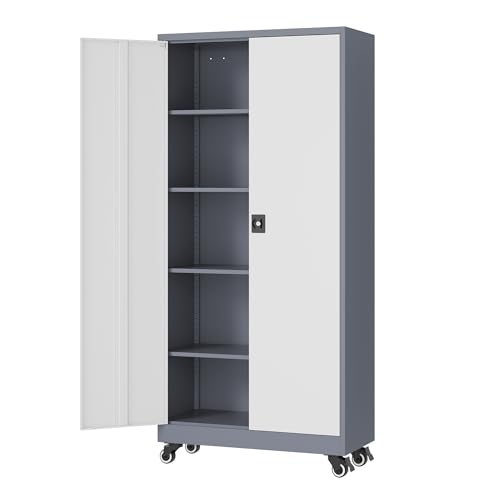 Metal Rolling Storage Cabinet-74.6” Tall Steel File Cabinets with Wheels Lockable Doors and Adjustable Shelves-White Steel Storage Cabinet for Home, School, Office, Garage
