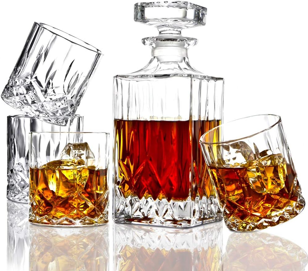 ELIDOMC 5PC Italian Crafted Glass Whiskey Decanter & Whiskey Glasses Set, Crystal Decanter Set With 4 Double Old Fashioned Glasses, 100% Lead Free Whiskey Glassware