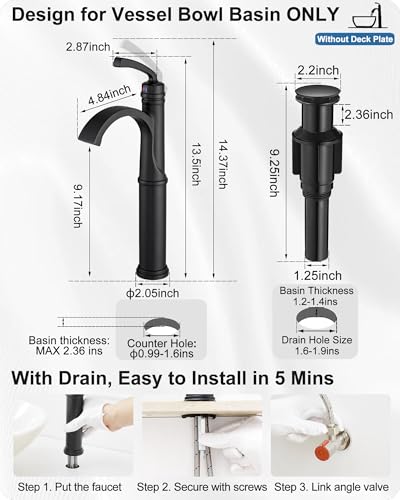 Vessel Sink Faucet, Oil Rubbed Bronze Waterfall Bathroom Sink Faucets, Brass Tall Bathroom Faucet Vanity Faucet 1 Hole Restroom Faucet Single Handle with Pop-up Drain Supply Hose