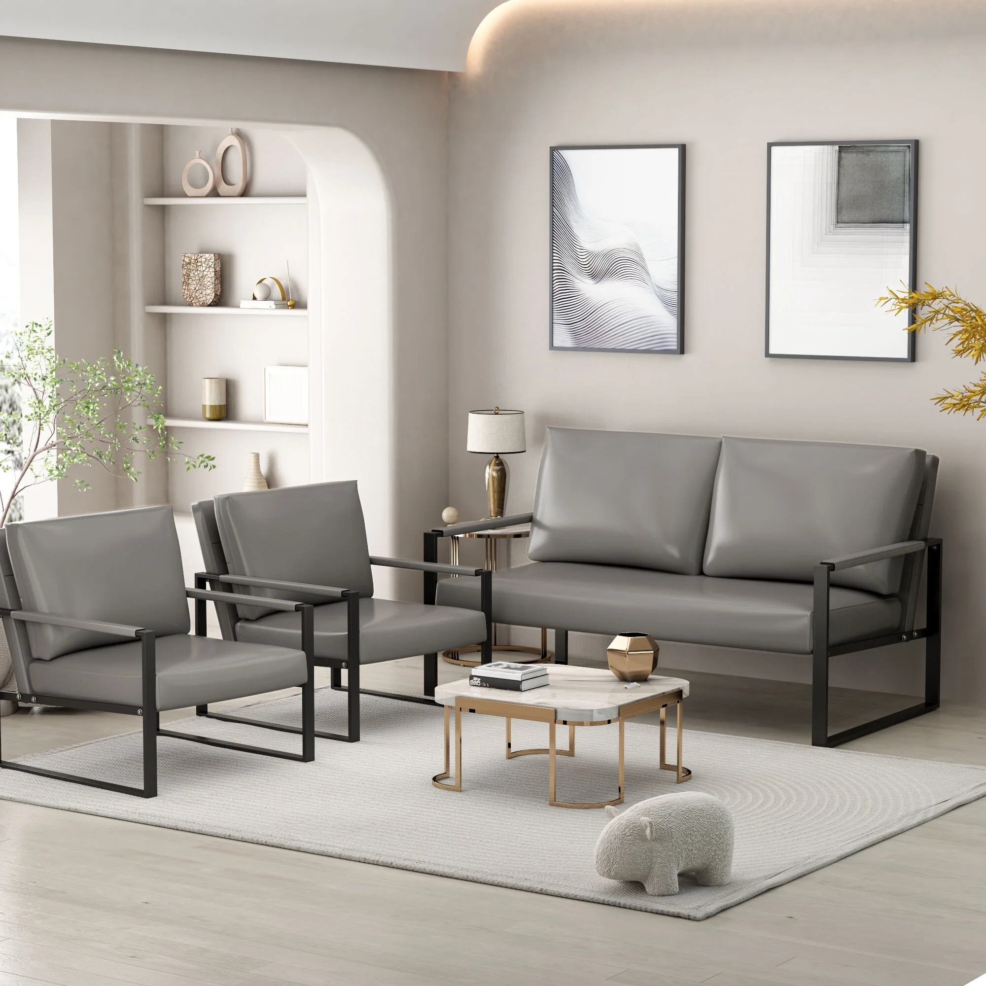 Mieres  Mid-Century Style 3-Piece PU Leather Living Room Sofa Set Including 2 Armchairs and 1 Loveseat Sofa Gray