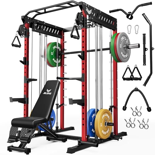 M21 Smith Machine, Multi-Function Power Cage with Dual Pulley Cable Crossover System, 2000LBS All-in-One Squat Rack with Smith Bar and Attachments