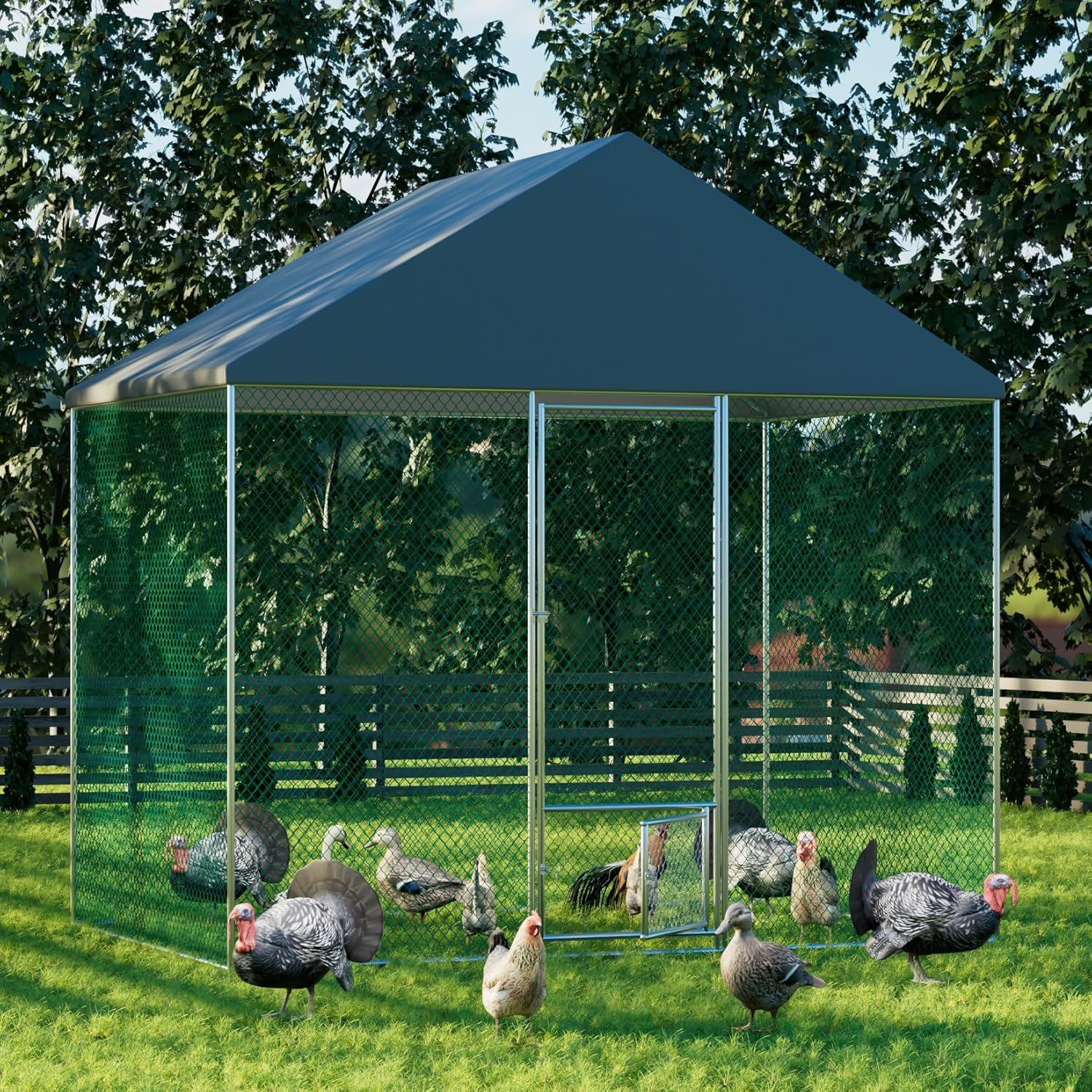 Large Chicken Coop Run Outdoor: Walk-in Poultry Hen Cage Run House with Small Feeding Door and Stakes - 9Ft Extra Tall Full Covered Chickens Habitat Crate Fence with Waterproof Anti-Ultraviolet Cover